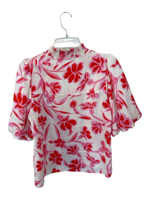 THML Size XS Pink & Red Rayon Short Balloon Sleeve Flowers Ruffle collar Top Pink & Red / XS