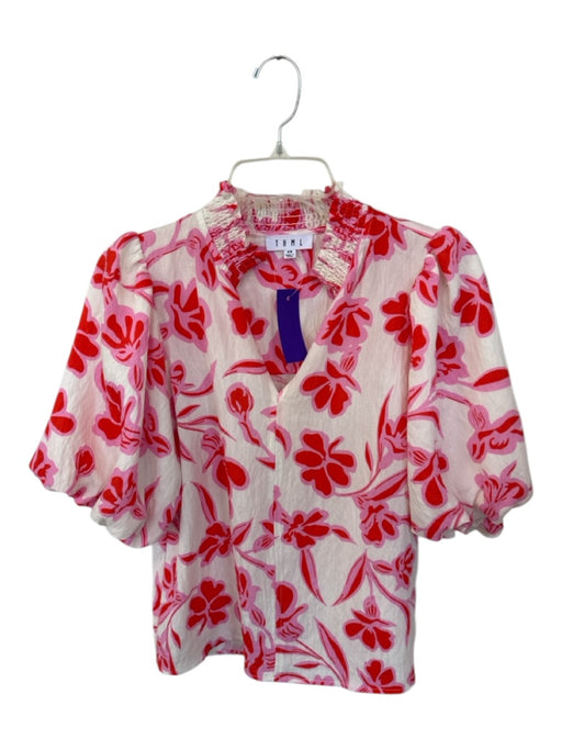 THML Size XS Pink & Red Rayon Short Balloon Sleeve Flowers Ruffle collar Top Pink & Red / XS