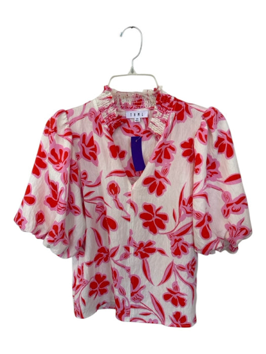 THML Size XS Pink & Red Rayon Short Balloon Sleeve Flowers Ruffle collar Top Pink & Red / XS