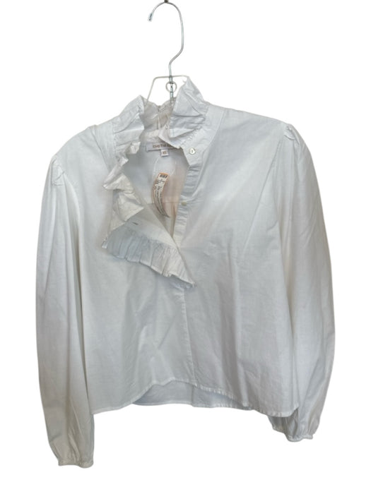 Love The Label Size XS White Cotton 1/4 Button Long Sleeve Ruffle collar Top White / XS