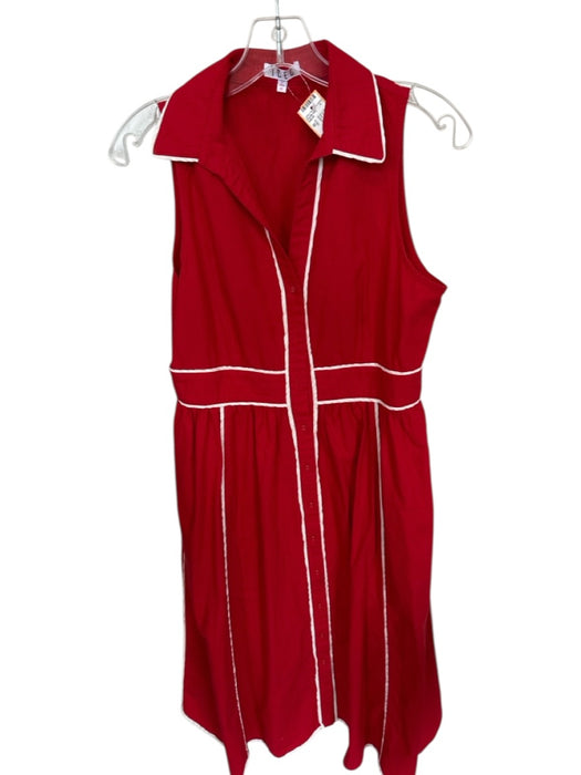 TCEC Size M Red & White Cotton Sleeveless Collar Button Up Midi Dress Red & White / M