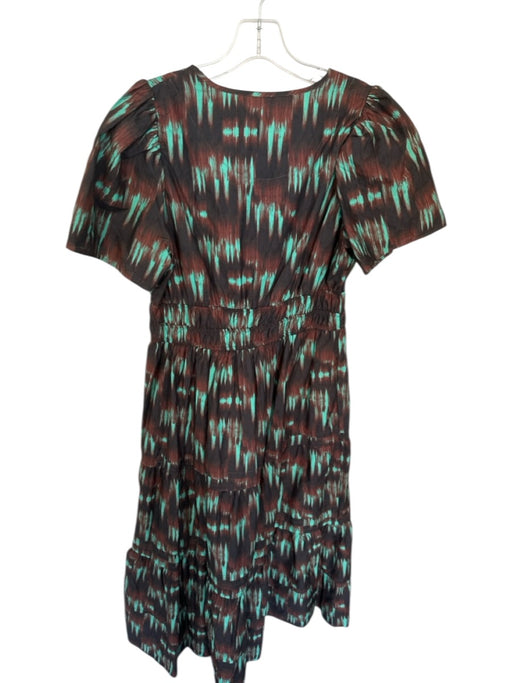 By Anthropologie Size Petite Brown & Teal Cotton Cinched Waist V Neck clip Dress Brown & Teal / Petite
