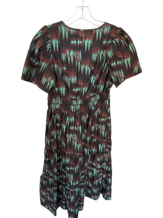 By Anthropologie Size Petite Brown & Teal Cotton Cinched Waist V Neck clip Dress Brown & Teal / Petite