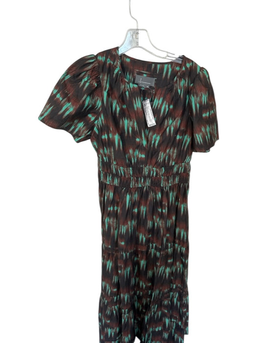By Anthropologie Size Petite Brown & Teal Cotton Cinched Waist V Neck clip Dress Brown & Teal / Petite