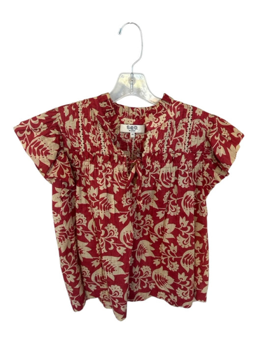 Sea New York Size XS Red & White Cotton Tie Floral Cap Sleeve Trim Top Red & White / XS