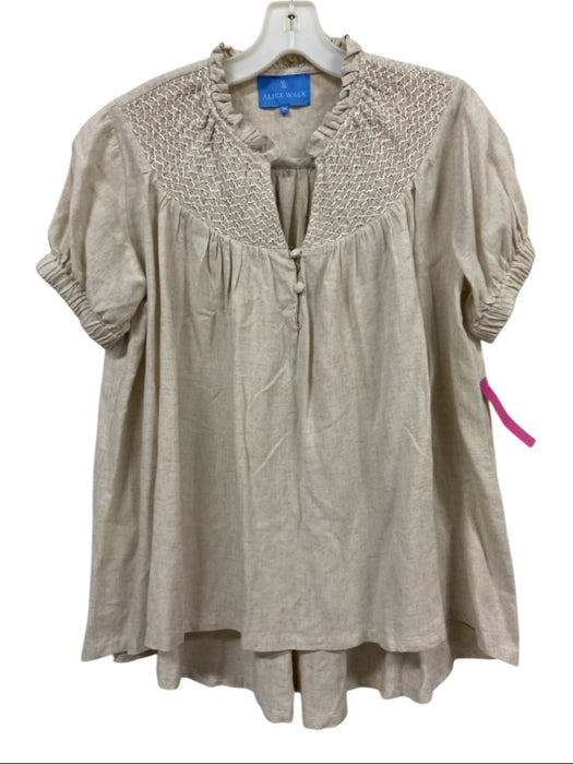 Alice Walk Size XS Beige Cotton Short Puff Sleeve Elastic Cuff Smocked Top Beige / XS