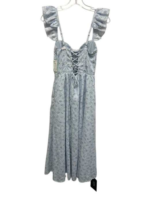 ASTR Size S Light Blue, Green & White Polyester Floral Eyelet Front Slit Dress Light Blue, Green & White / S