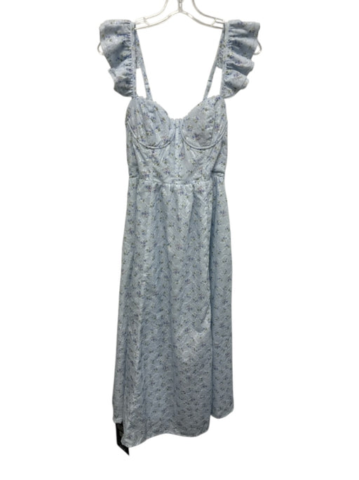 ASTR Size S Light Blue, Green & White Polyester Floral Eyelet Front Slit Dress Light Blue, Green & White / S