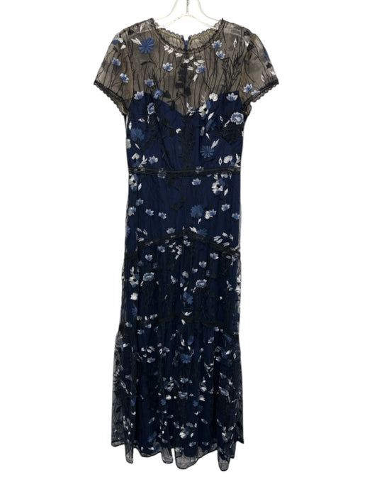 ML Monique Lhuillier Size 6 Black, Blue & White Nylon Cap Sleeve Gown Black, Blue & White / 6
