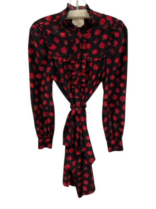 Kate Spade Size S Black & Red Silk Long Sleeve Poppy Ruffles Knee length Dress Black & Red / S