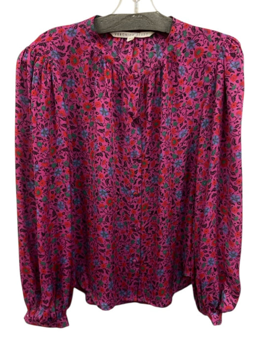 Veronica Beard Size 10 Purple, Red, Green Silk Long Sleeve Floral Print Top Purple, Red, Green / 10