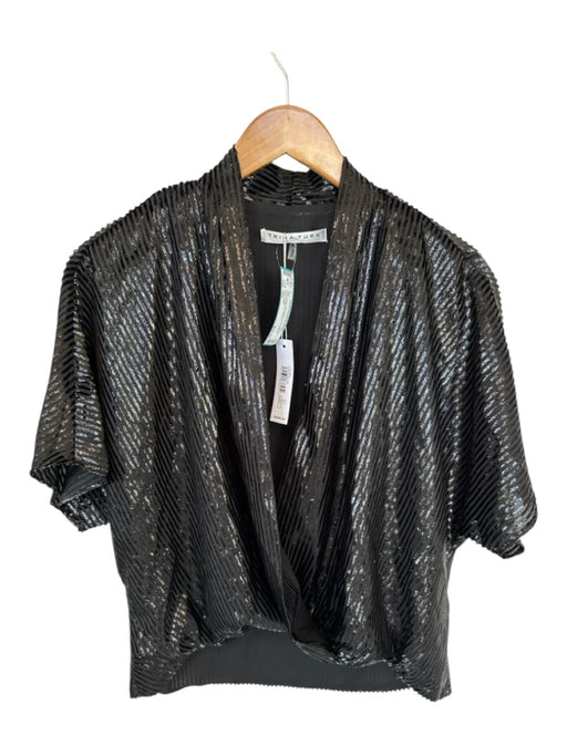 Trina Turk Size M/L Black Polyester Short Sleeve Striped Metallic Top Black / M/L