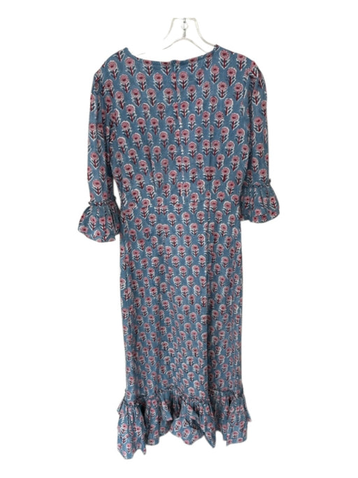 Happy Cabbage London Size M Blue & Pink Cotton Long Bell Sleeve Flowers Dress Blue & Pink / M
