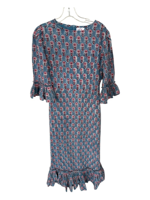 Happy Cabbage London Size M Blue & Pink Cotton Long Bell Sleeve Flowers Dress Blue & Pink / M