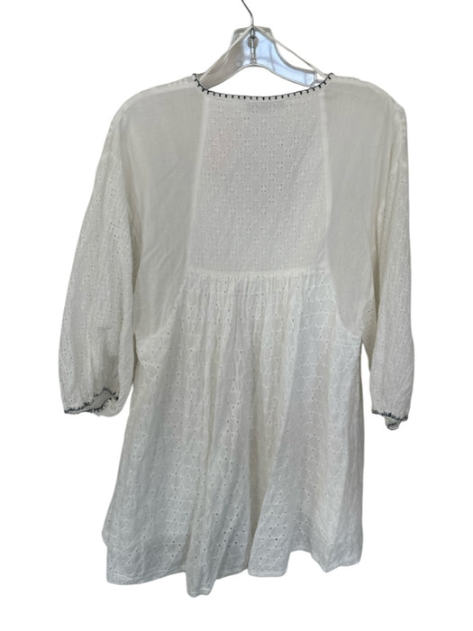 Zara Size S White & Navy Cotton Long Bell Sleeve Eyelet V Neck Dress White & Navy / S