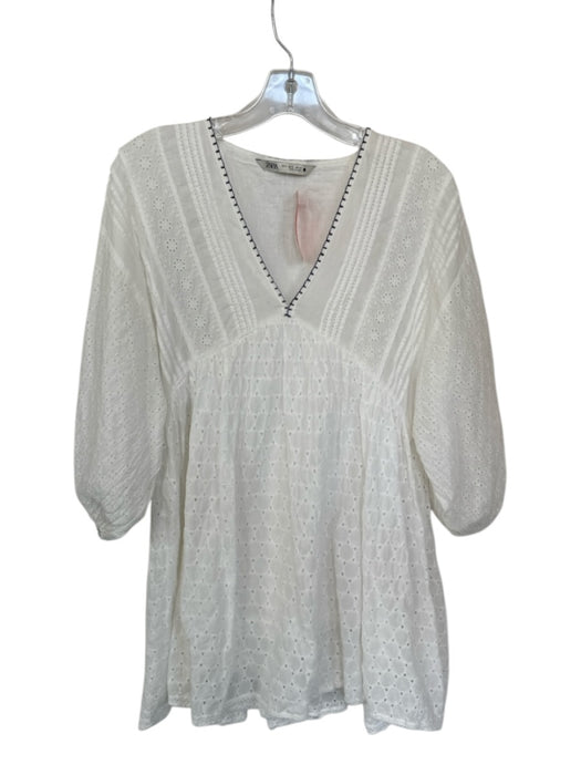 Zara Size S White & Navy Cotton Long Bell Sleeve Eyelet V Neck Dress White & Navy / S