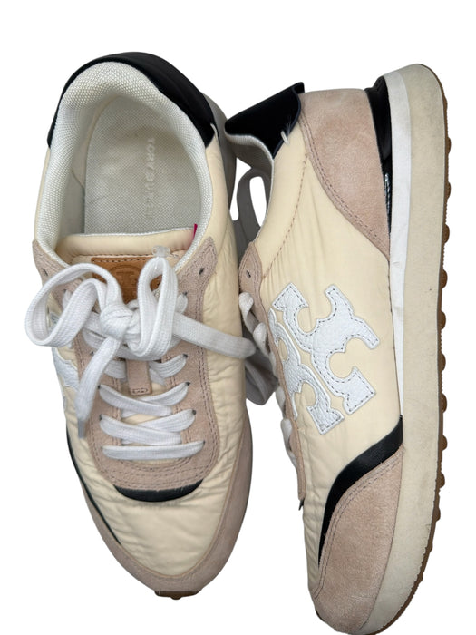 Tory Burch Shoe Size 9 Cream & Tauope Print Canvas & Suede Lace Up Sneakers Cream & Tauope Print / 9