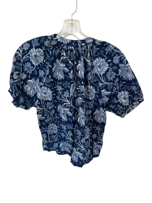 Size S Navy & white Cotton Short Balloon Sleeve Botanical Button Down Top Navy & white / S