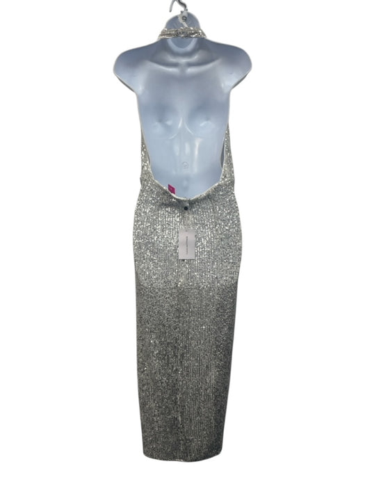 Lovers + Friends Size M Silver Polyester Sequin Plunge Side Slit Halter Gown Silver / M