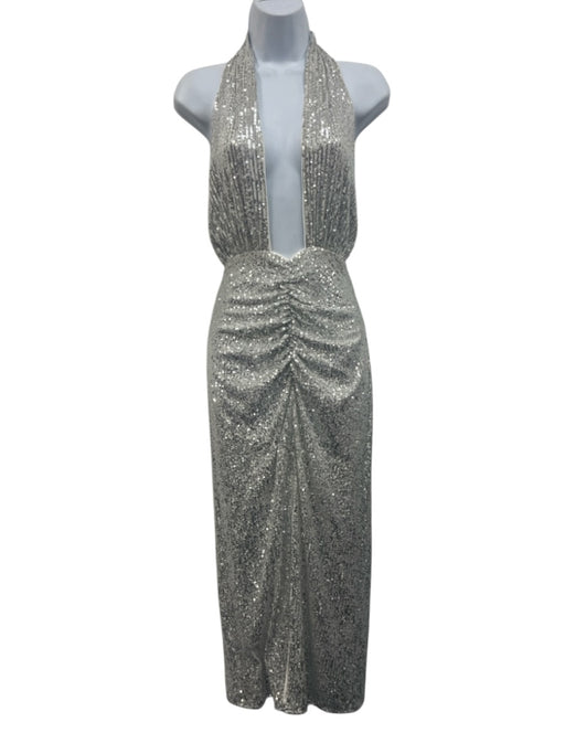 Lovers + Friends Size M Silver Polyester Sequin Plunge Side Slit Halter Gown Silver / M