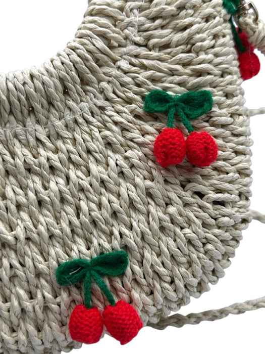 Petit Moments Beige, Red, Green Straw Crochet Cherries Top Handle Crossbody Bag Beige, Red, Green / S