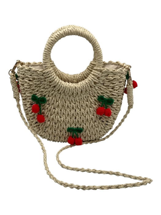 Petit Moments Beige, Red, Green Straw Crochet Cherries Top Handle Crossbody Bag Beige, Red, Green / S