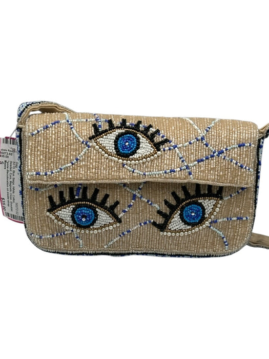 Maeve Blue, Beige, White Cotton Beaded Eyes Magnetic Close Shoulder Bag Blue, Beige, White / S