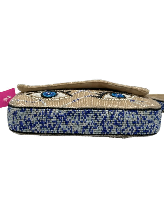 Maeve Blue, Beige, White Cotton Beaded Eyes Magnetic Close Shoulder Bag Blue, Beige, White / S