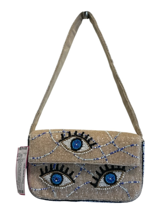 Maeve Blue, Beige, White Cotton Beaded Eyes Magnetic Close Shoulder Bag Blue, Beige, White / S