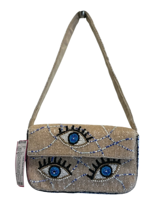 Maeve Blue, Beige, White Cotton Beaded Eyes Magnetic Close Shoulder Bag Blue, Beige, White / S