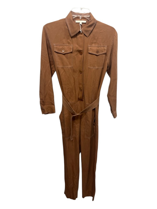 Maje Size 34 Terracotta Lyocell & Linen Belted Contrast Stitching Jumpsuit Terracotta / 34