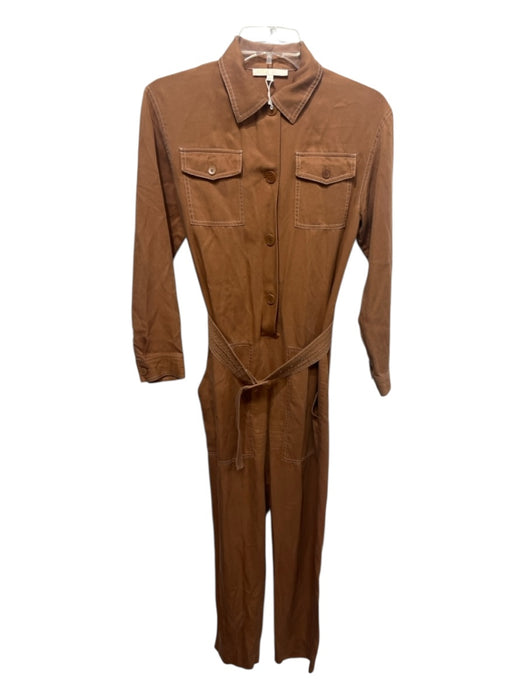 Maje Size 34 Terracotta Lyocell & Linen Belted Contrast Stitching Jumpsuit Terracotta / 34