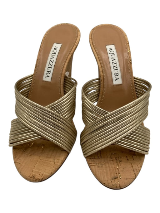 Aquazzura Shoe Size 36 Gold & Beige Leather Cork Sole Metal Criss Cross Wedges Gold & Beige / 36