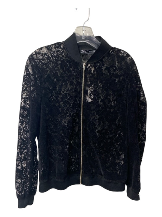 Zara Size Small Black Polyester Front Zip Lace design Standing Collar Jacket Black / Small