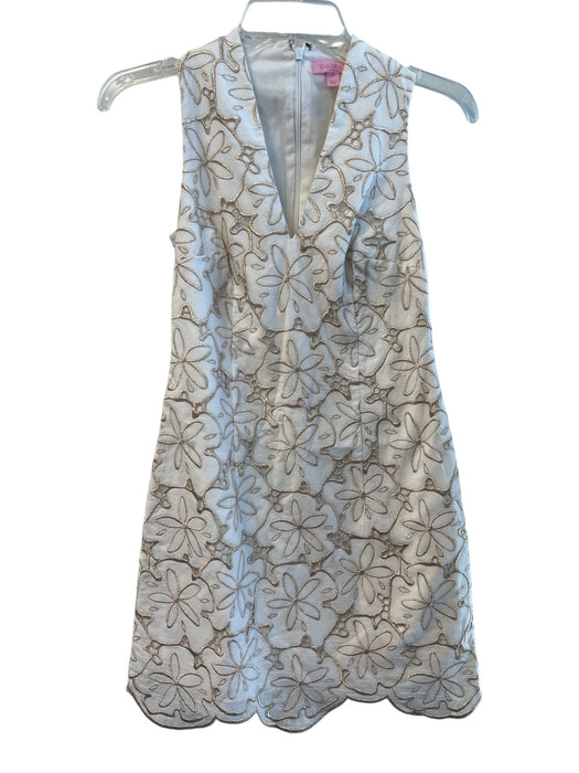 Lilly Pulitzer Size 0 Cream & Gold Cotton V Neck Floral Embroidery Dress Cream & Gold / 0