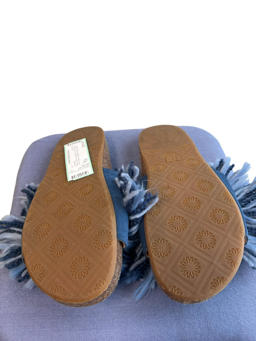 Ugg Shoe Size 7.5 Blue & Brown Leather & Fabric Open Toe & Heel Fuzzy Sandals Blue & Brown / 7.5