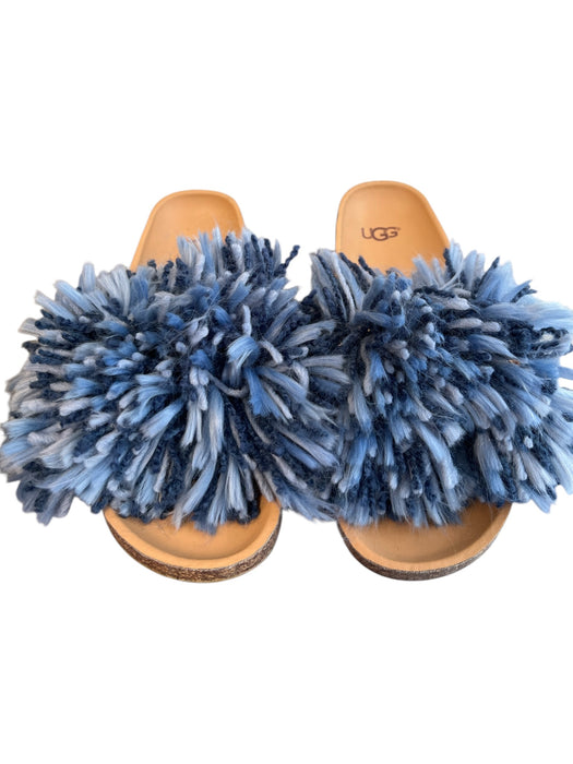 Ugg Shoe Size 7.5 Blue & Brown Leather & Fabric Open Toe & Heel Fuzzy Sandals Blue & Brown / 7.5