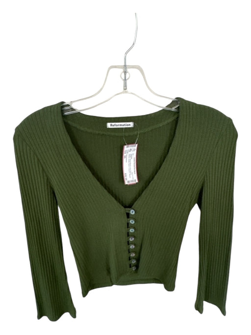 Reformation Size XS Green Tencel Blend Long Sleeve Ribbed Button Down Sweater Green / XS