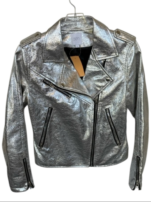 Sen Size S Silver Vegan Leather Long Sleeve Metallic Moto Jacket Silver / S