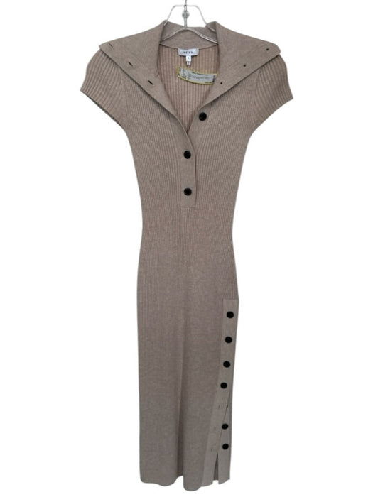 Reiss Size S Taupe Viscose Cap Sleeve Ribbed Buttons Maxi Dress Taupe / S