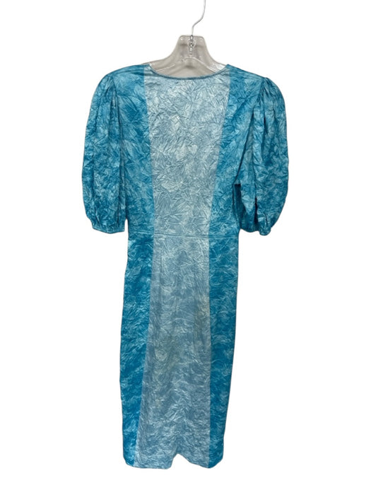 Ganni Size 34 Blue & White Polyester Short Balloon Sleeve Crinkle V Neck Dress Blue & White / 34
