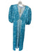 Ganni Size 34 Blue & White Polyester Short Balloon Sleeve Crinkle V Neck Dress Blue & White / 34