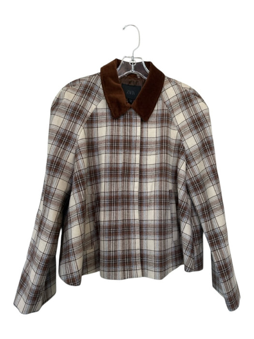 Zara Size S Brown & Blue Cotton Plaid Velvet Accents Plaid Full Zip Jacket Brown & Blue / S