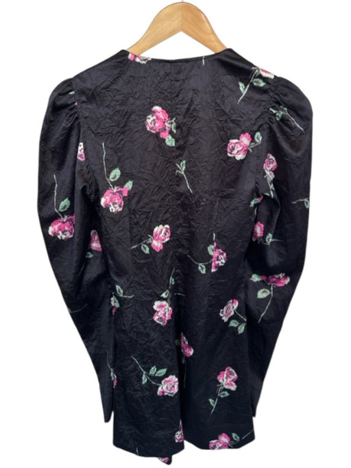 Ganni Size 36/S Black & Pink Polyester Blend Long Sleeve Flowers Crinkle Dress Black & Pink / 36/S