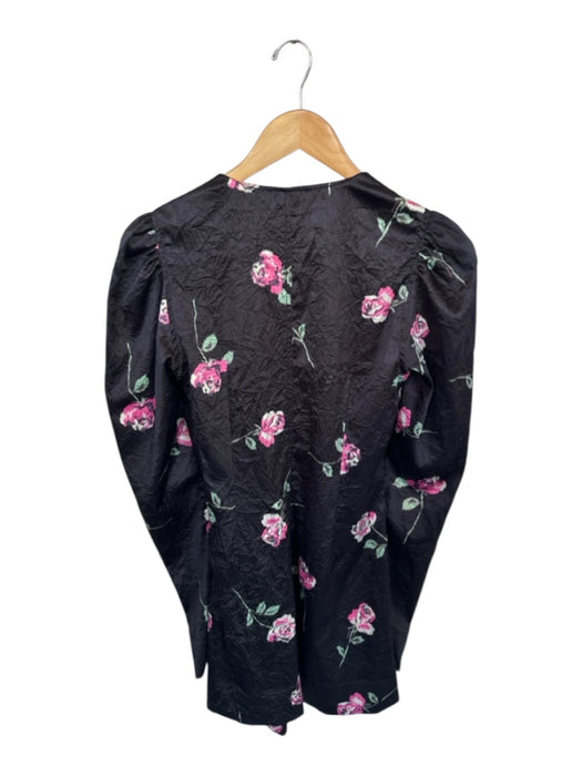 Ganni Size 36/S Black & Pink Polyester Blend Long Sleeve Flowers Crinkle Dress Black & Pink / 36/S