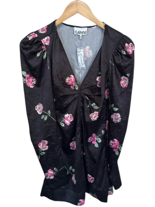 Ganni Size 36/S Black & Pink Polyester Blend Long Sleeve Flowers Crinkle Dress Black & Pink / 36/S