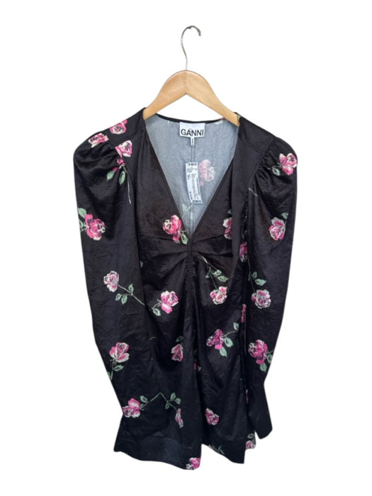 Ganni Size 36/S Black & Pink Polyester Blend Long Sleeve Flowers Crinkle Dress Black & Pink / 36/S