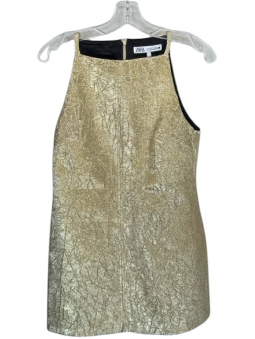 Zara Size S Gold Polyester Sleeveless Metallic Back Zip Dress Gold / S