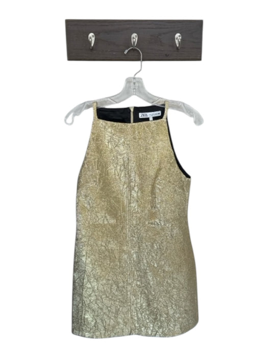 Zara Size S Gold Polyester Sleeveless Metallic Back Zip Dress Gold / S