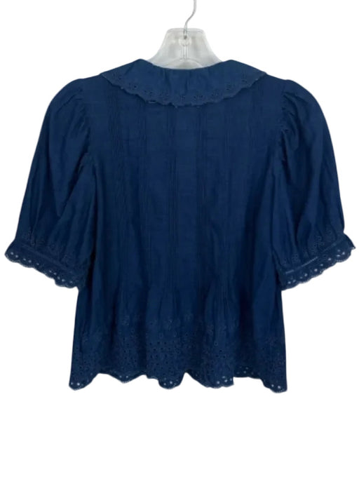 Gap x Doen Size XS Navy Cotton Short Balloon Sleeve Lace Trim Button Down Top Navy / XS